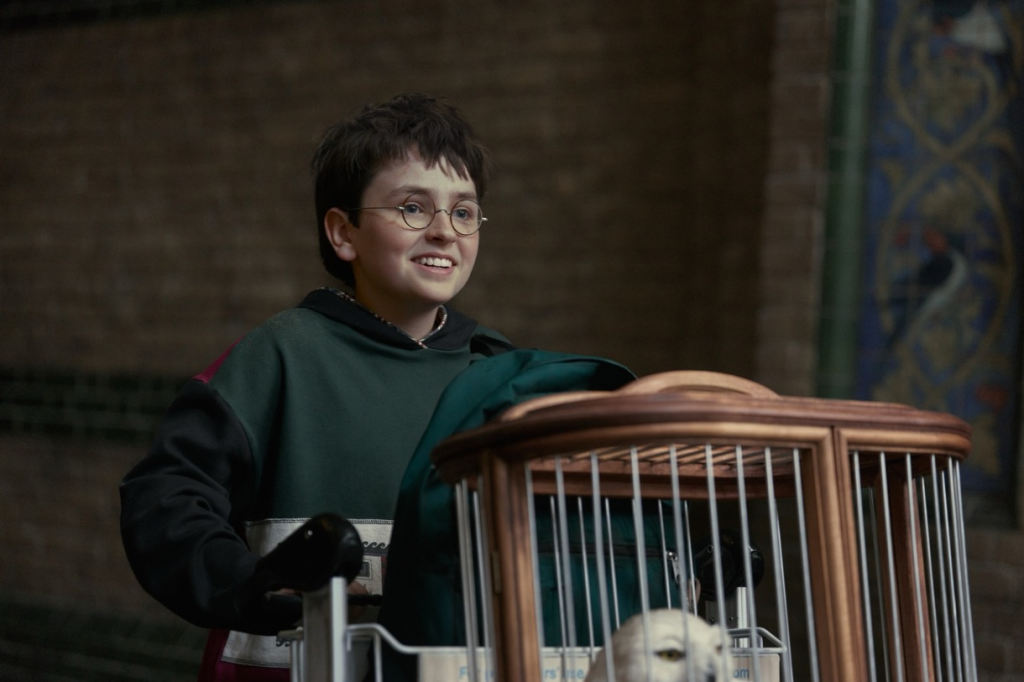 Serie de Harry Potter con Harry empujando una jaula con Hedwig por los pasillos de Hogwarts